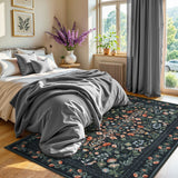 Covaba vintage floral area rug in ink black, styled in a room setting, view 6