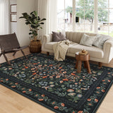 Covaba vintage floral area rug in ink black, styled in a room setting, view 7