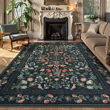 Covaba vintage floral area rug in ink black, styled in a room setting, view 8