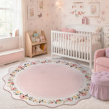 Covaba vintage floral scalloped round rug in blush clay, styled in a room setting, view 3