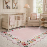Covaba vintage floral scalloped area rug in blush clay, styled in a room setting, view 2