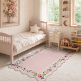 Covaba vintage floral scalloped area rug in blush clay, styled in a room setting, view 6