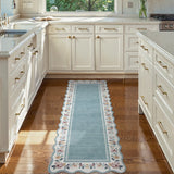 Covaba vintage floral scalloped runner rug in dusty blue, styled in a room setting, view 2