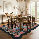 Covaba vintage floral scalloped area rug in ink black, styled in a room setting, view 5
