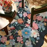 Covaba vintage floral scalloped area rug in ink black, styled in a room setting, view 8
