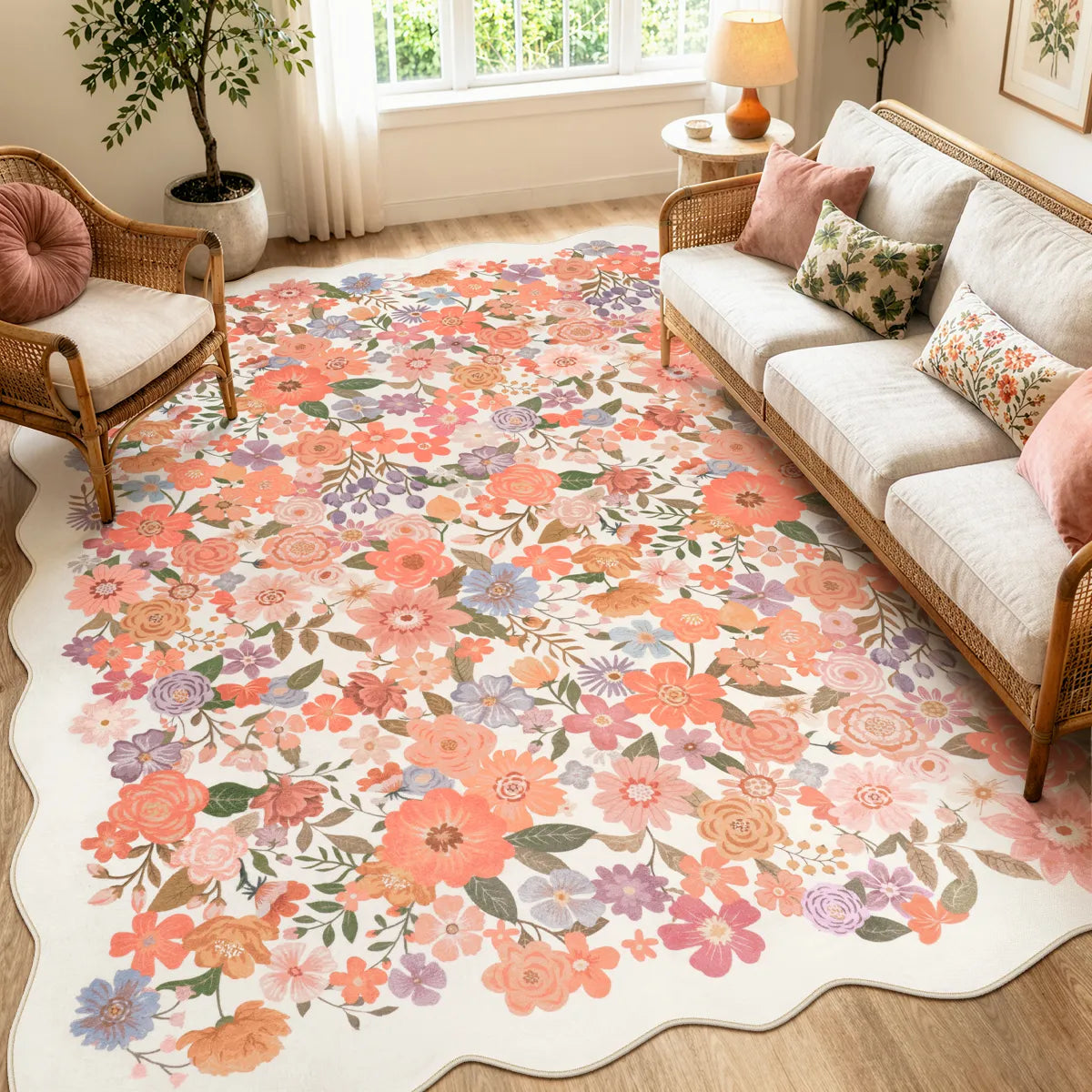 Covaba vintage floral scalloped area rug in warm beige, styled in a room setting
