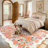 Covaba vintage floral scalloped area rug in warm beige, styled in a room setting, view 3
