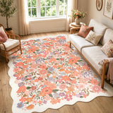 Covaba vintage floral scalloped area rug in warm beige, styled in a room setting, view 4