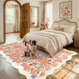 Covaba vintage floral scalloped area rug in warm beige, styled in a room setting, view 6