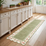 Covaba vintage floral scalloped runner rug in willow sage, styled in a room setting, view 4