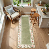 Covaba vintage floral scalloped runner rug in willow sage, styled in a room setting, view 6