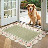 Covaba vintage floral scalloped doormat in willow sage, styled in a room setting, view 2