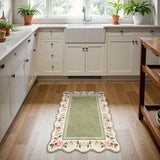 Covaba vintage floral scalloped doormat in willow sage, styled in a room setting, view 5