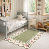 Covaba vintage floral scalloped area rug in willow sage, styled in a room setting, view 12