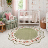 Covaba vintage floral scalloped round rug in willow sage, styled in a room setting