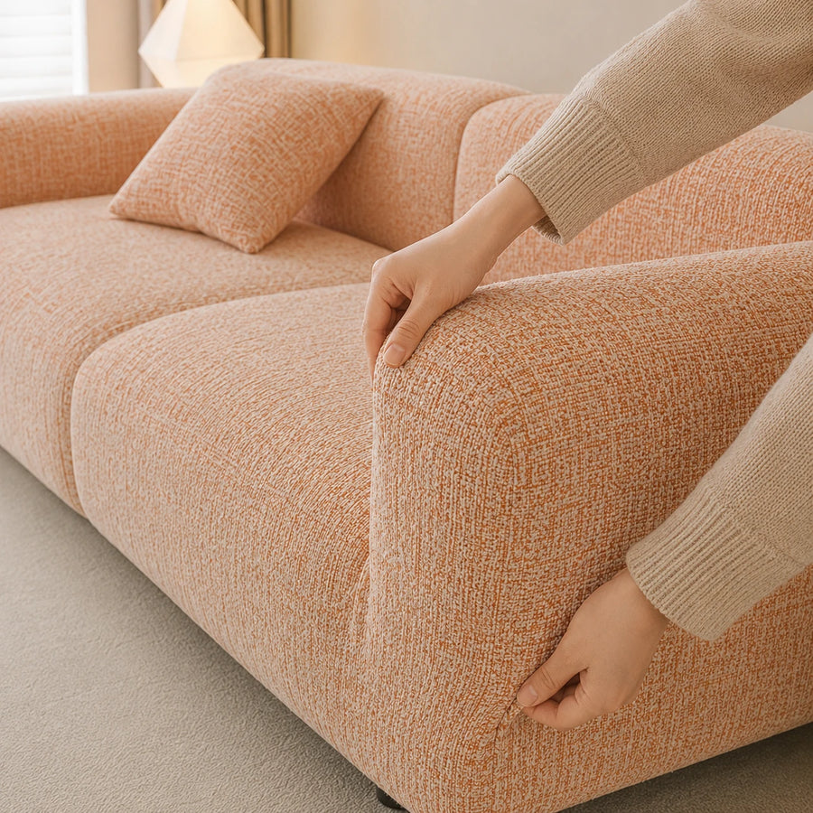 Two hands fitting the peach clay chenille cover over the seat corner, showing stretch fit