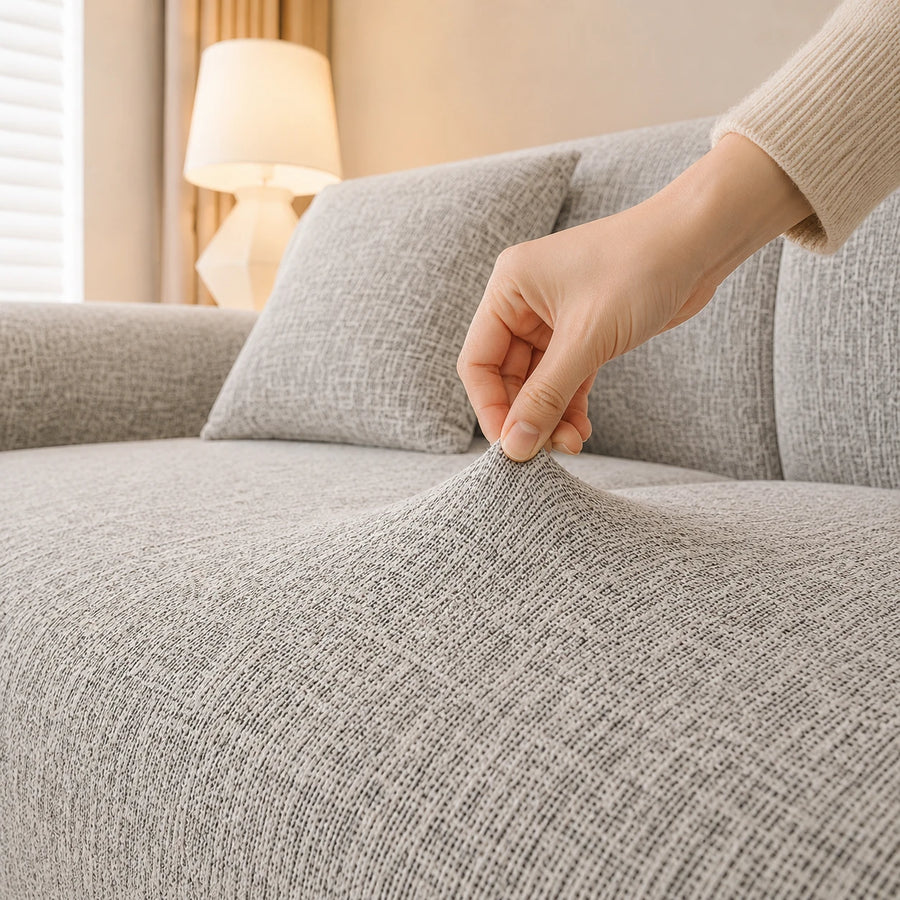 Hand pinching the stone mist chenille seat fabric, showing its stretch and woven texture