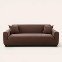 Cocoa brown corduroy stretch sofa cover fitted on a three-seat sofa, front view on ivory backdrop