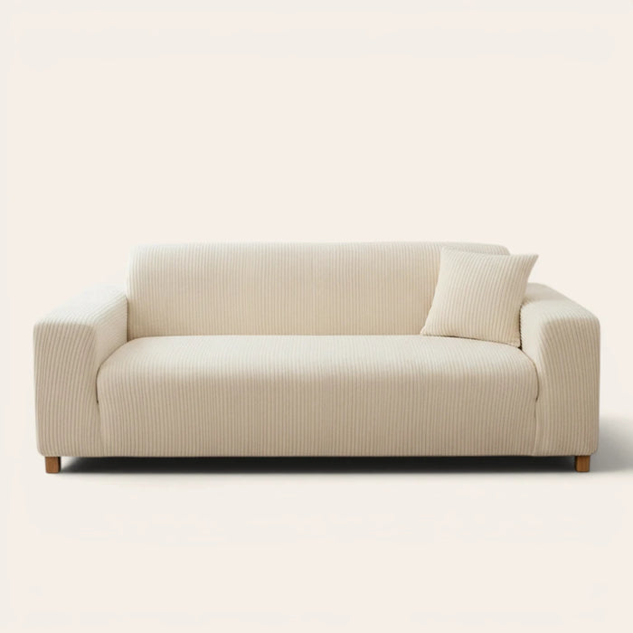 Cream whisper corduroy sofa cover fitted on a three seater sofa, front view on ivory