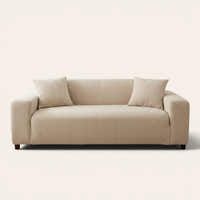 Linen beige corduroy sofa cover fitted on a three seater sofa, front view on ivory