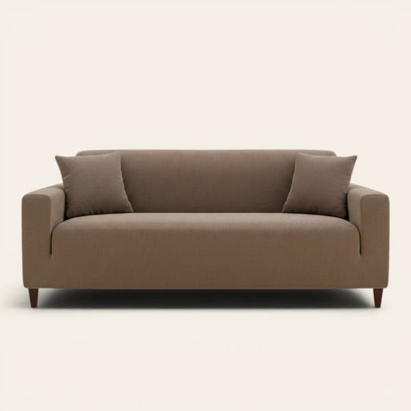 Mocha brown corduroy sofa cover fitted on a three seater sofa, front view on ivory