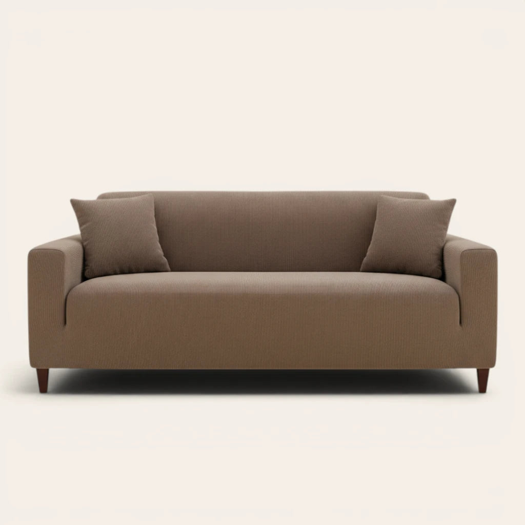Mocha brown corduroy sofa cover fitted on a three seater sofa, front view on ivory
