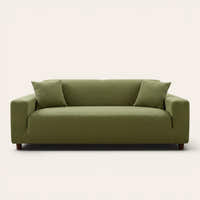 Olive green corduroy sofa cover fitted on a three seater sofa, front view on ivory