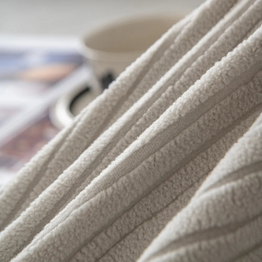 Close-up of the draped Silver Cloud corduroy fabric showing its soft ribbed wale