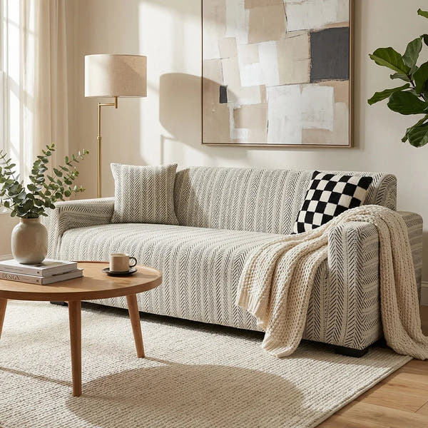 Arrow Gray geometric sofa cover in a warm living room styled with a chunky knit throw and coffee table