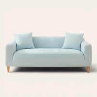 Light blue striped ice silk sofa cover on a three-seater, front view on ivory backdrop with matching cushions