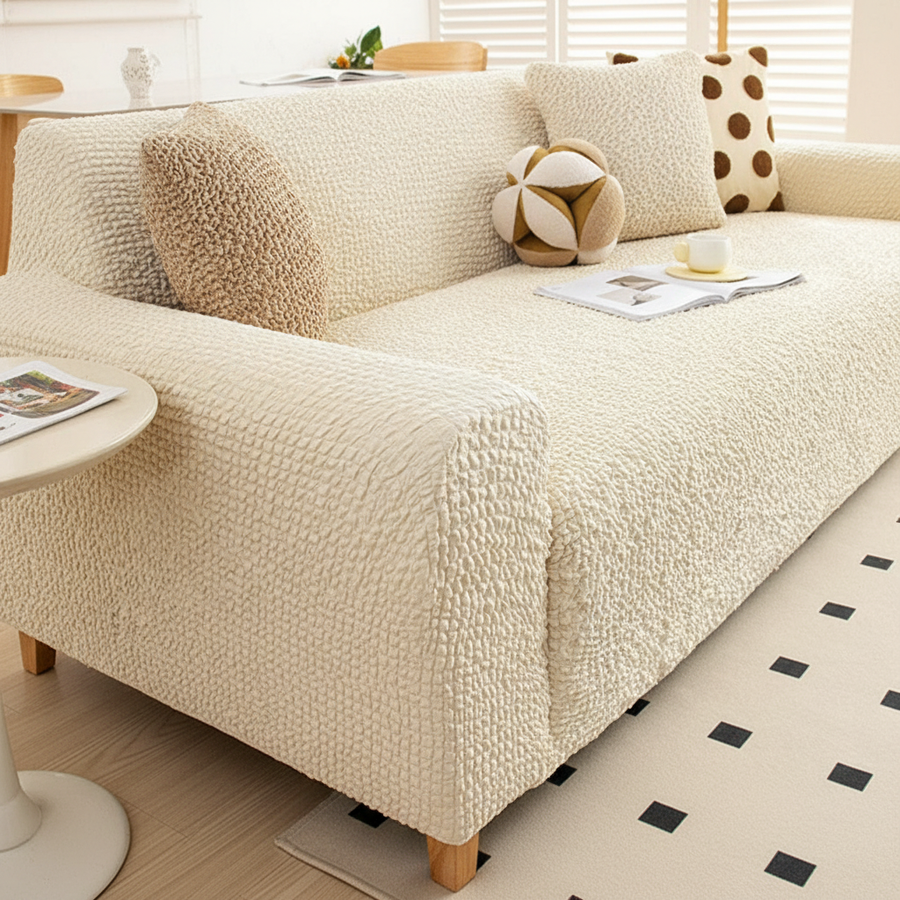 Angled living room view of a sofa in cream ivory quilted cover with bolster and cushions.