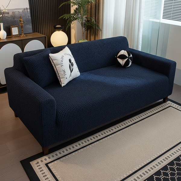 Sofa dressed in midnight navy quilted cover in a living room, angled view with printed and ball cushions.