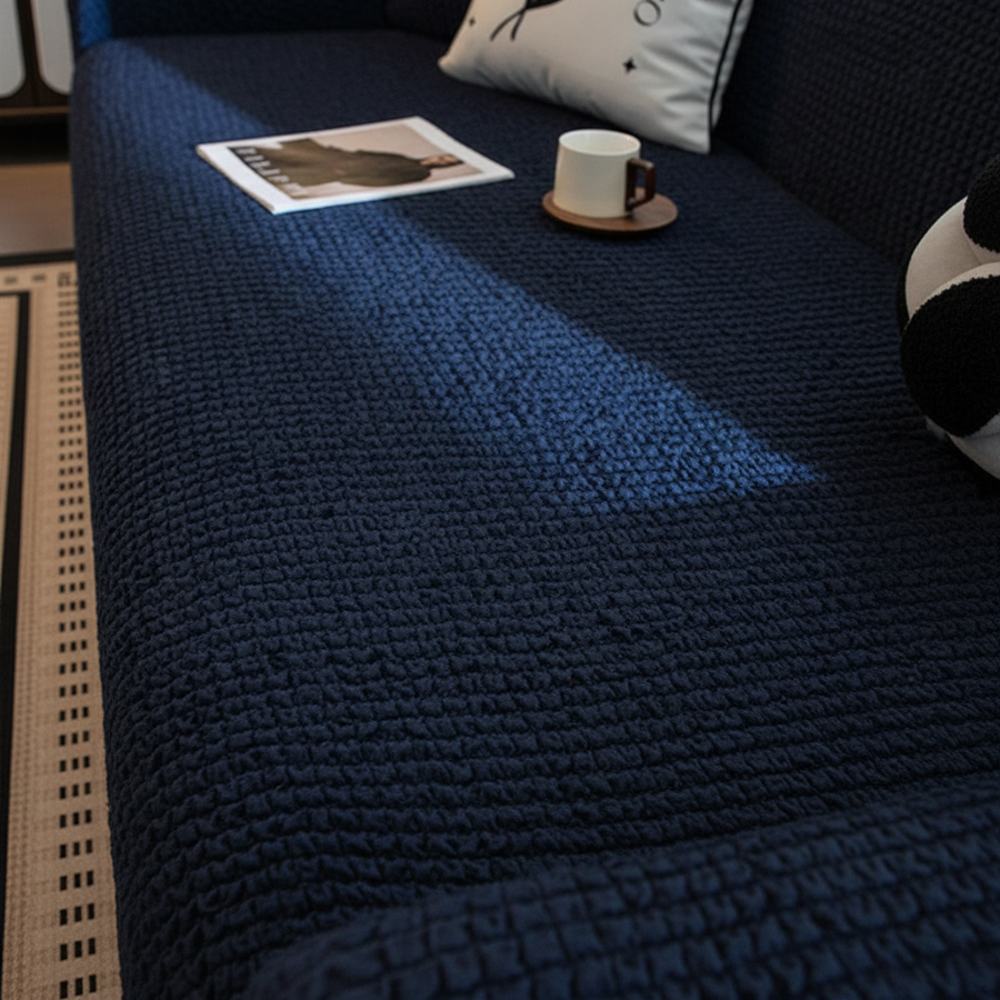 Close-up of the midnight navy quilted waffle texture across the sofa seat in soft light.