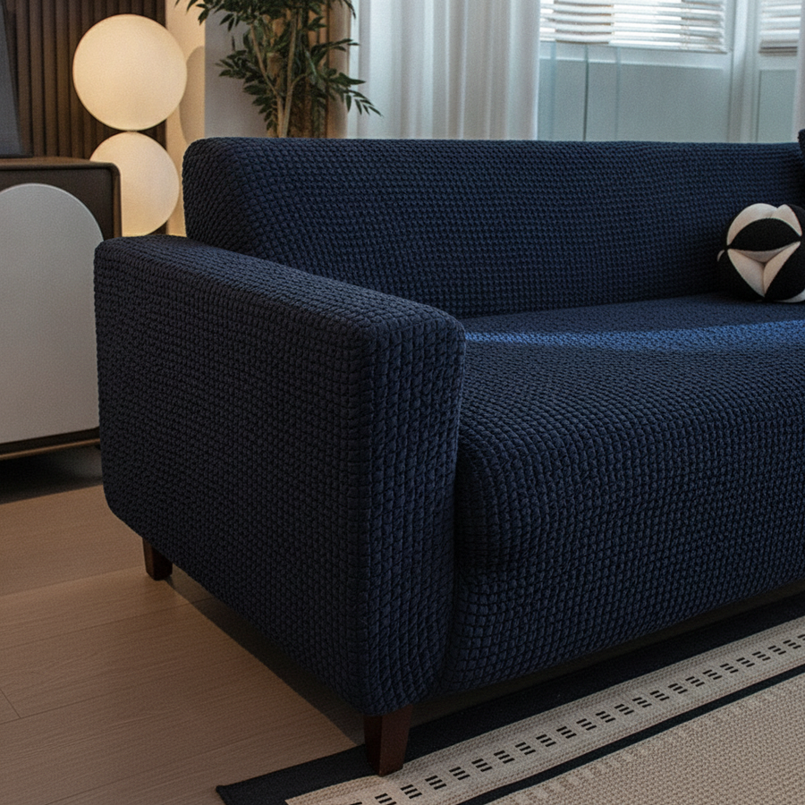 Midnight navy quilted cover wrapping a sofa armrest and wooden leg in a bright living room.