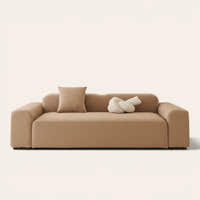 Caramel sand smooth microfibre sofa cover fitted on a three-seat couch, front view on ivory.