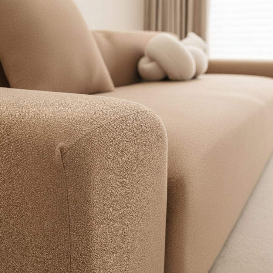 Side detail of the armrest and backrest seam on the caramel sand smooth cover.