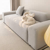White cat resting on the silver grey smooth sofa cover in a bright living room