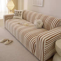 Caramel brown striped sofa cover wrapping the corner and armrest in a sunlit living room