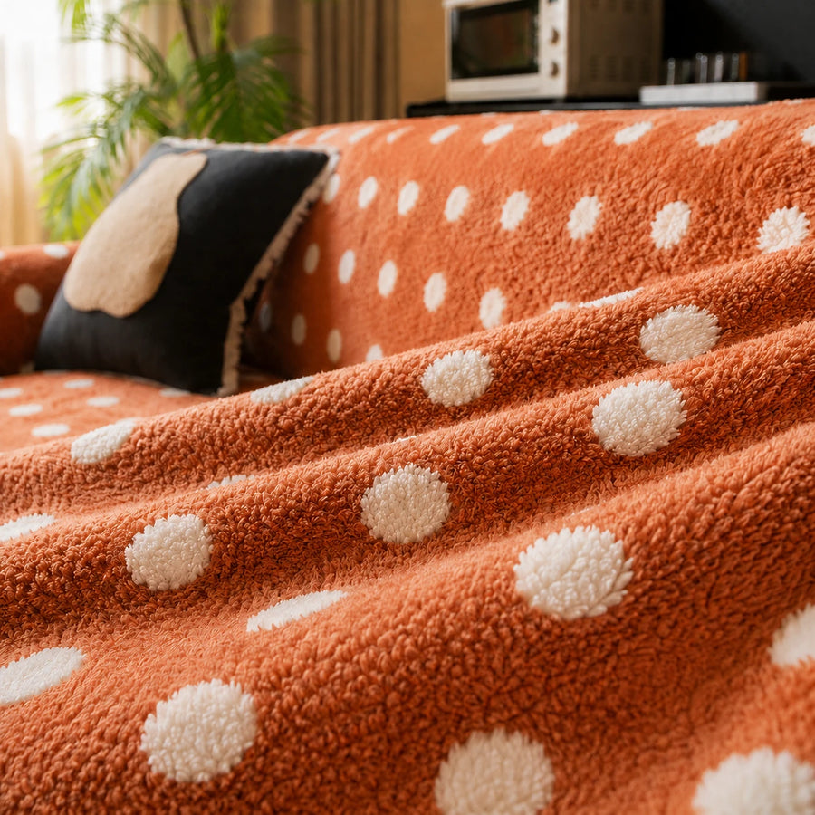 Close-up of the plush caramel teddy fabric and raised white polka dots draping over the seat