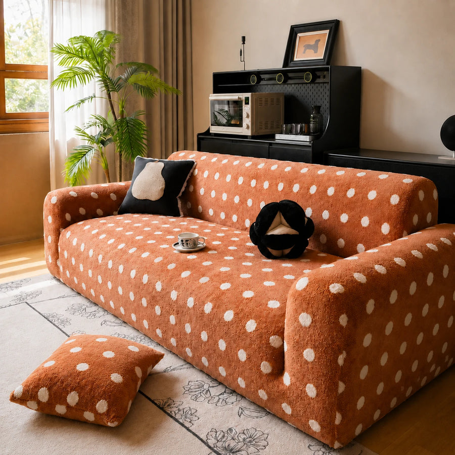 Caramel teddy polka dot sofa cover on a three-seat sofa in a styled living room with a rug