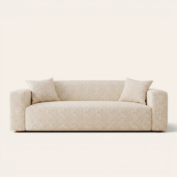 Sand gold teddy sofa cover fitted on a three-seat sofa, front view on ivory backdrop