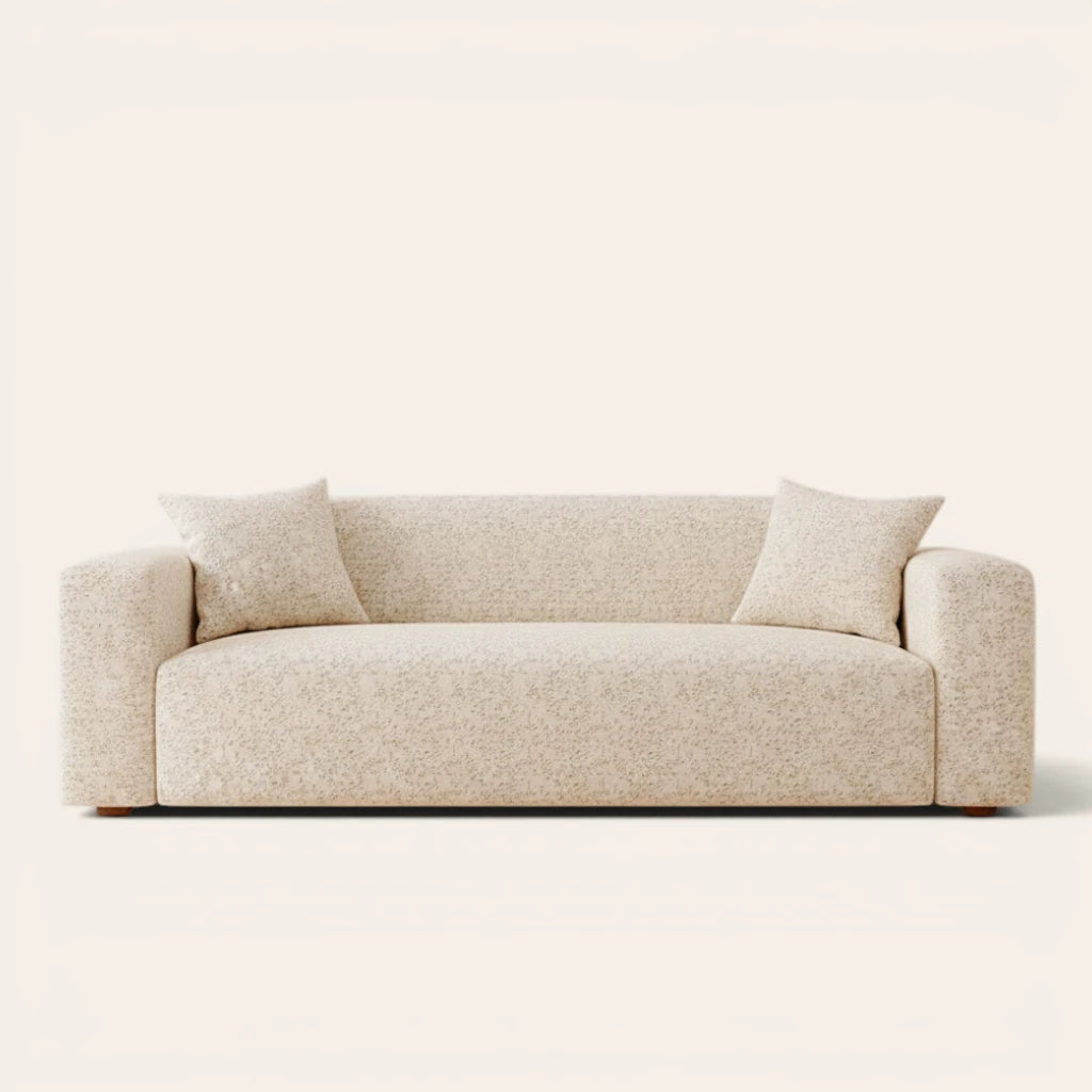 Sand gold teddy sofa cover fitted on a three-seat sofa, front view on ivory backdrop