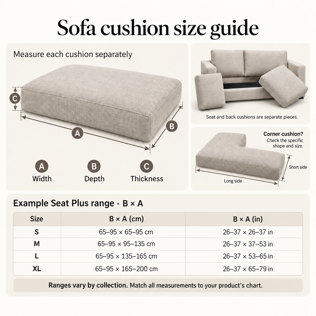 Sofa cushion size guide