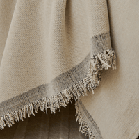 Close-up of the grey bordered fringed edge of the Abstract Muse Monochrome Wave throw