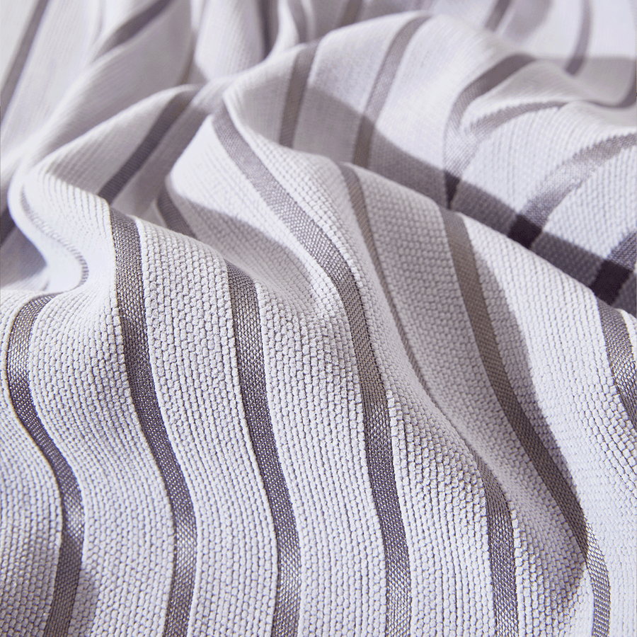 Macro of Misty Gray Arcane Ambiance fabric, fine gray woven stripes scrunched