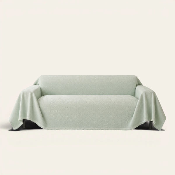 Mint Veil Artisan Cooling sofa throw draped over a two-seat sofa, front view on ivory background, quilted geometric texture