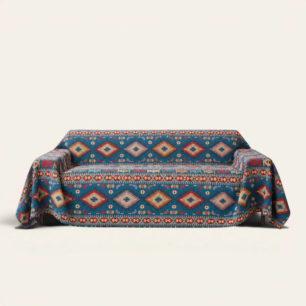 Azure Boho sofa throw in Indigo Oasis draped over a couch, front view on ivory background