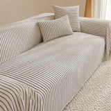 Charcoal Gray Classic Pinstripe throw over sofa seat and back with matching cushions, close angled view