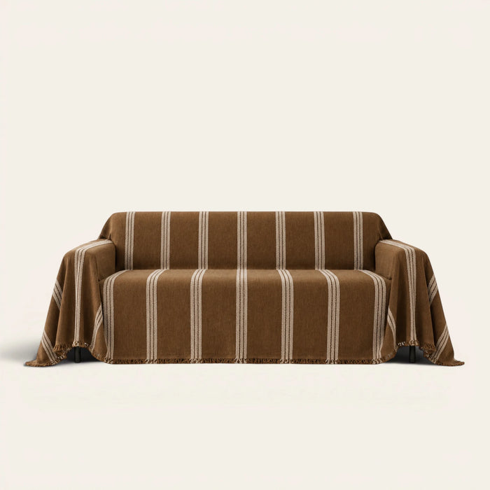 Mocha Harmony Classic Striped sofa throw draped over a two-seat sofa, front view on ivory background, tufted cream stripes