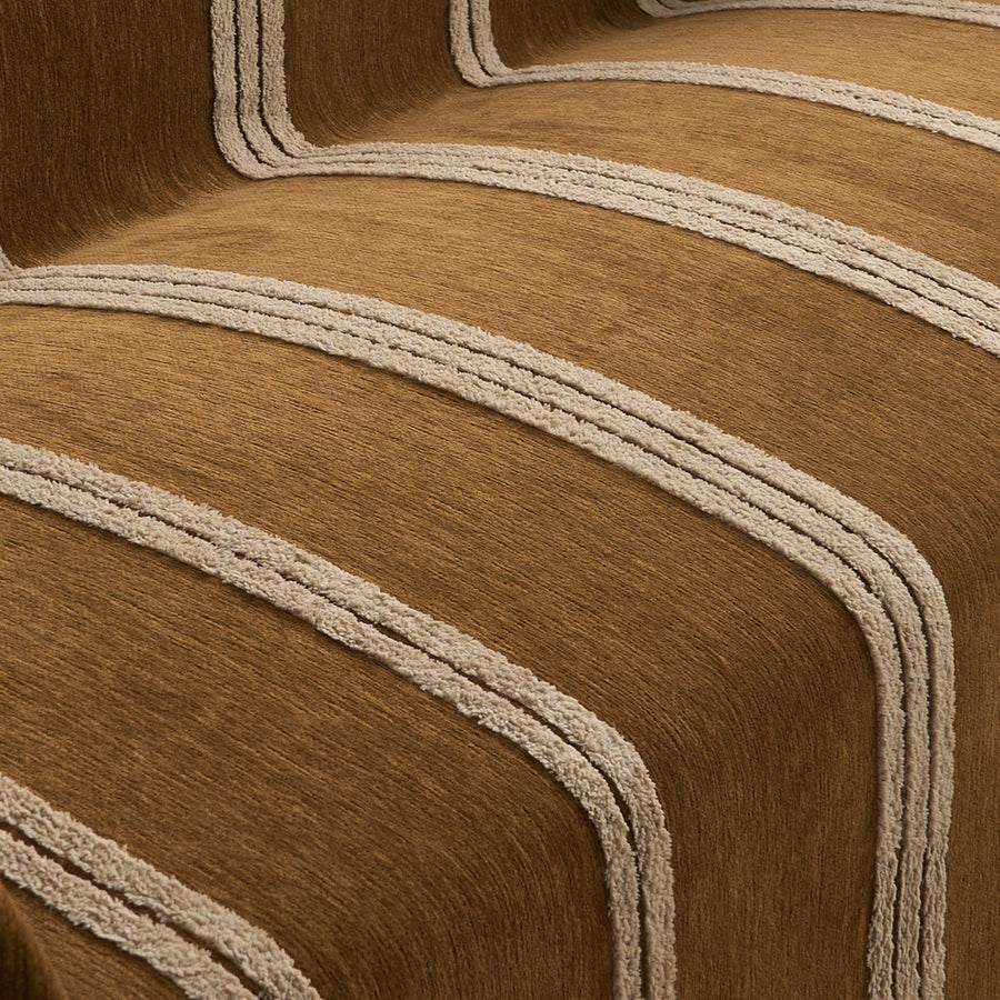 Macro of Mocha Harmony Classic Striped fabric, raised tufted cream stripes on soft mocha chenille